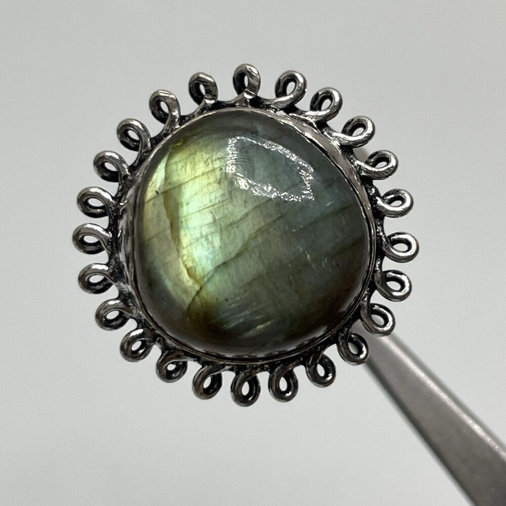 Silver Round Cut Labradorite Gemstone Ring Statement Boho Sz 10.5